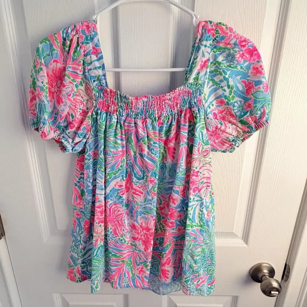 Lilly Pulitzer Keating Puff Sleeve Linen Flowy Top Amalfi Leaf It Wild Floral 0